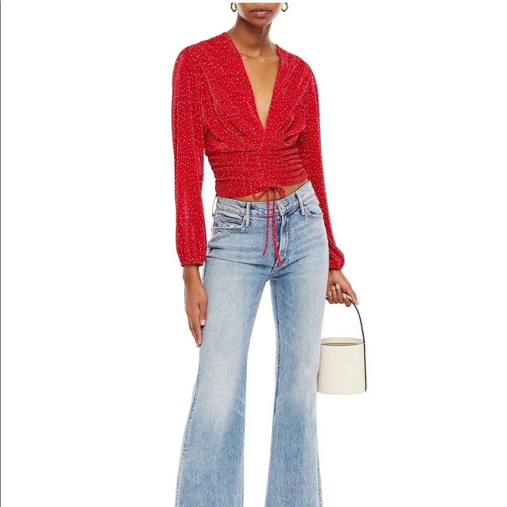 Maje Ruched polka-dot plissé-satin crop